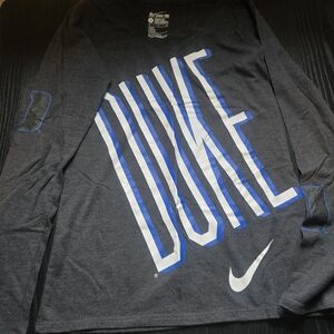 Nike Men’s Charcoal Long-Sleeve Graphic Tee with Blue and White 'DUKE' Print